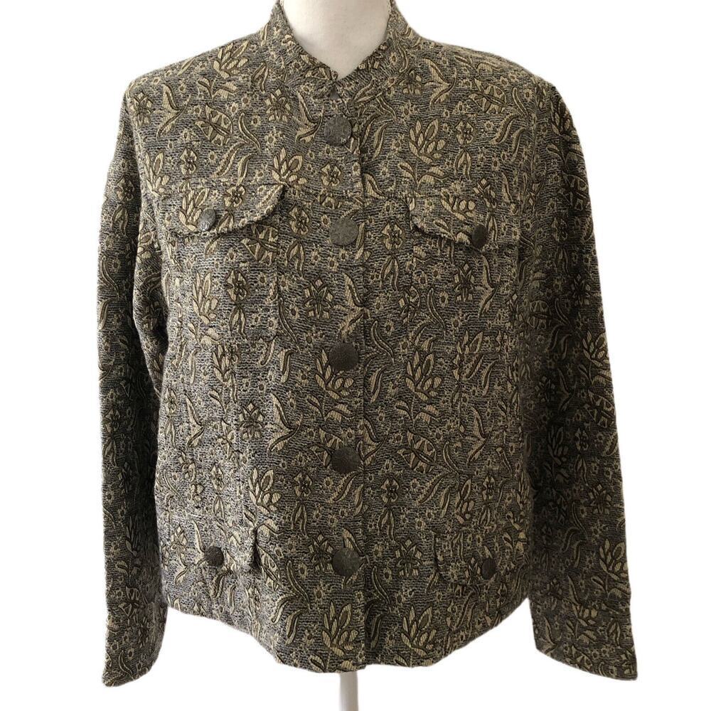 NWT CHICO'S Romantic Flower Risa Jacket Blazer Gray Brass Jacquard Floral Size 2